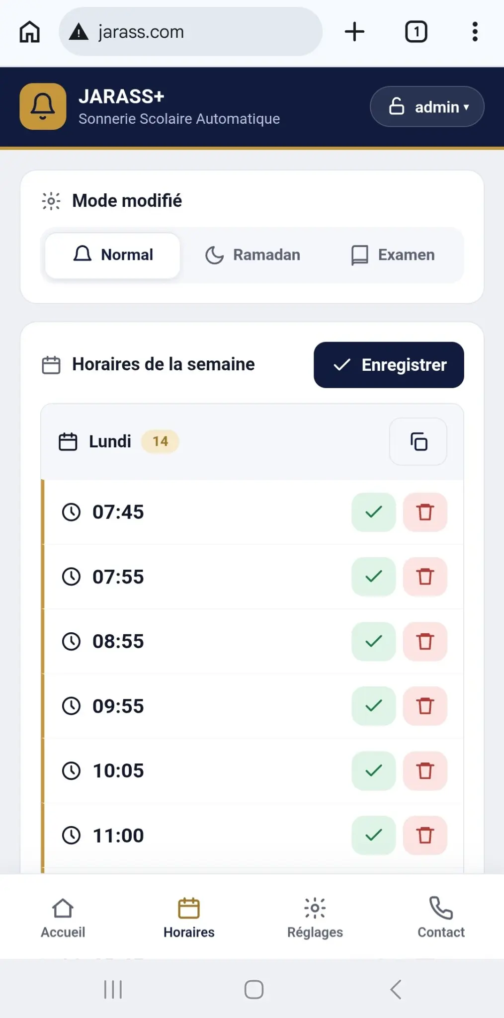 Écran de programmation des horaires JARASS+